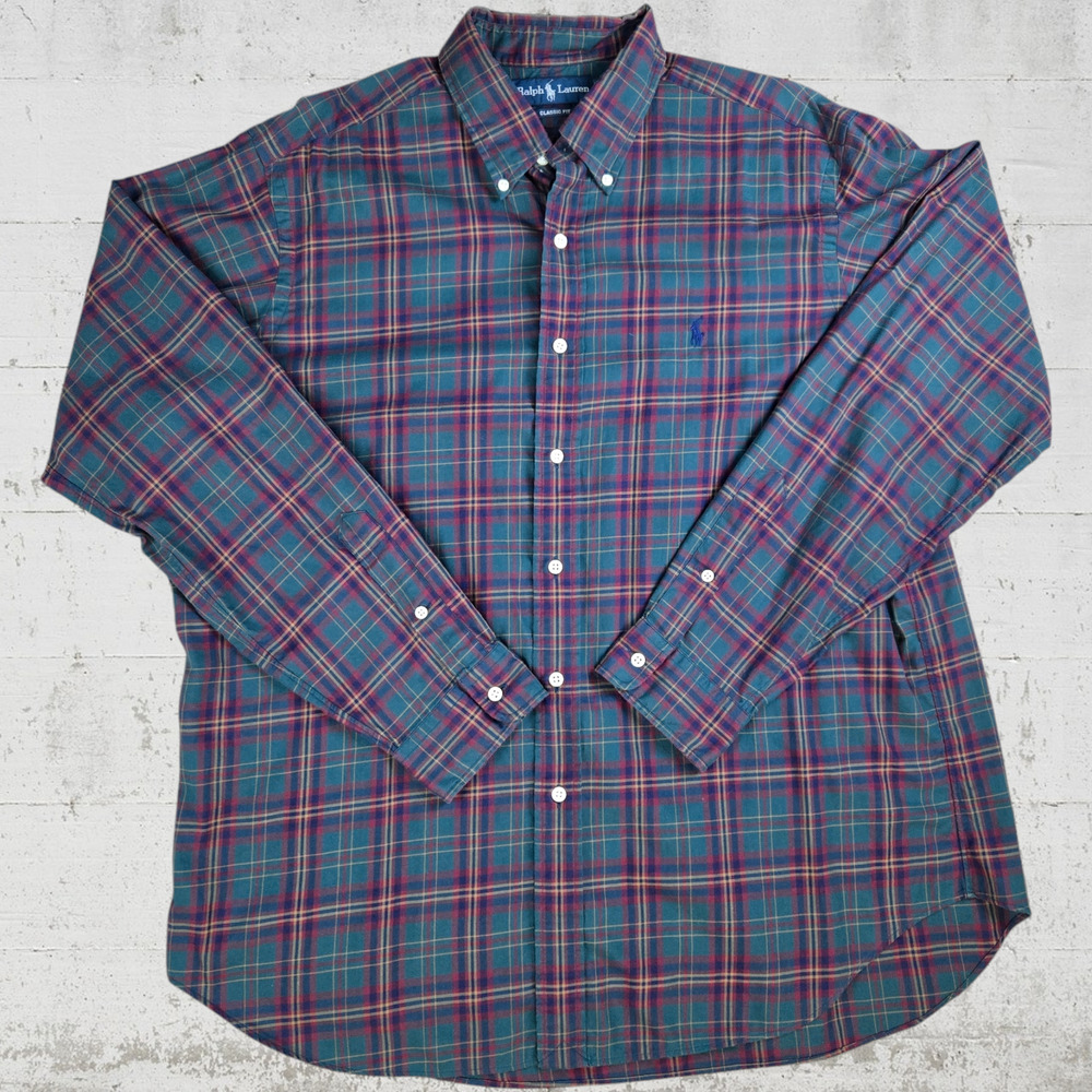 90s Vintage Ralph Lauren Red Green Plaid Classic Fit Button Down Shirt Size XL - Picture 7 of 7